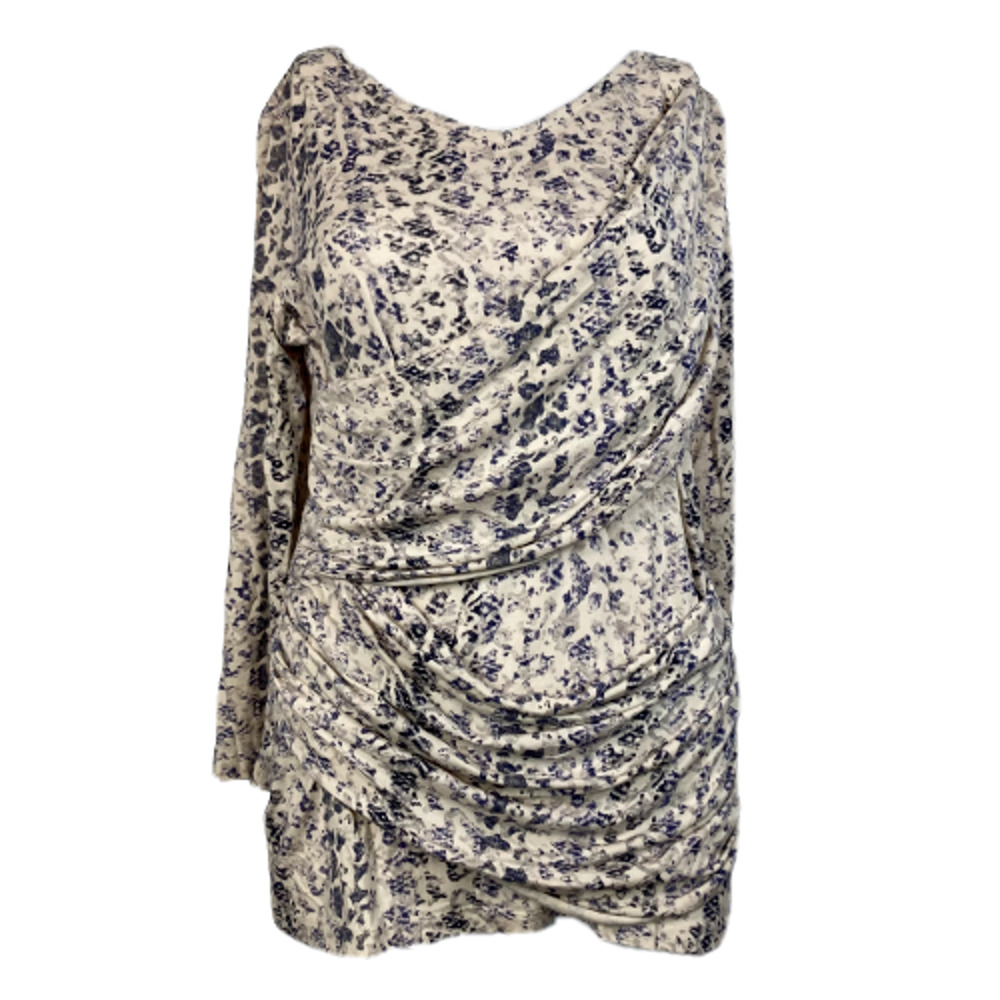 Cabi Shirt Womens Medium Ivory Purple Printed Stretch Drape Blouse Long Sleeve